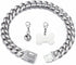 Silver Dog Chain Collar Cuban Link with Cubic Zirconia Buckle, ID Tag and Bell (15mm/19mm, 10-26inch)