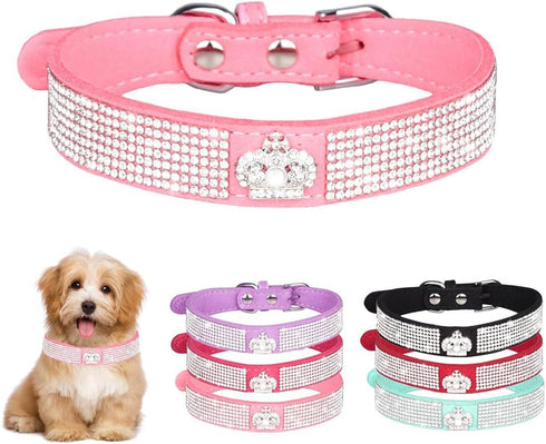 Small Dog Collar with Crown Rhinestone, Pink Glitter Crystal Jewel Bling for XXS XS Small Medium Female Dogs