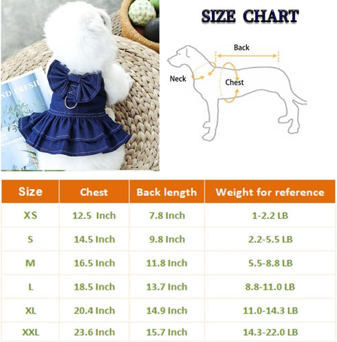 ANIAC Denim Dog Dresses for Small Dogs: Puppy Girl Clothes with Leash Ring and Bow Knot (Dark Blue, X-Small)