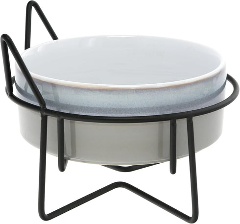 Pavilion - Meow - Kitty Cat Kitten Feline 13 oz Food Water Meal Time Ceramic Stoneware Dish Bowl With Metal Iron Stand Pet Accessories Whisker Friendly Indoor Outdoor Easy To Clean