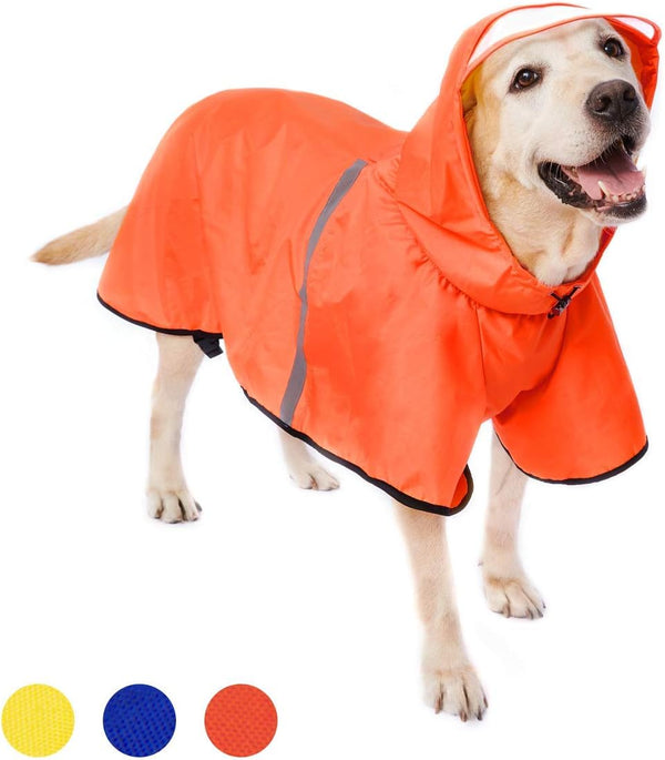 Dog Raincoat with Adjustable Belly Strap, Waterproof Slicker Hoodie with Reflective Strip for Medium Large Dogs -
