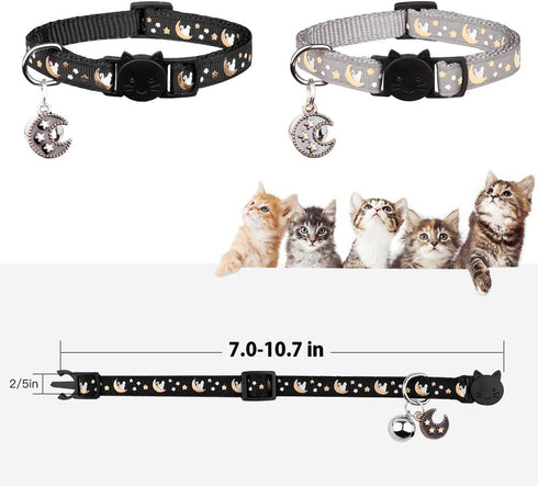 2Pcs Breakaway Cat Collars for Boy & Girl Cats, Adjustable Kitten Collars with Bell, Black + Gray