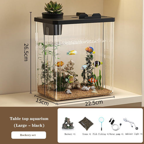 Quaziret Fish Tank Aquarium Starter Kit, Mini Desktop Rectangular Fish Tank with Pump, LED, Simulated Water Plants