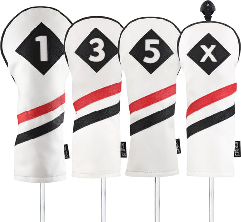 Majek Retro Golf Headcovers | White Red and Black Vintage Leather Style 1 3 5 X Driver Fairway Covers