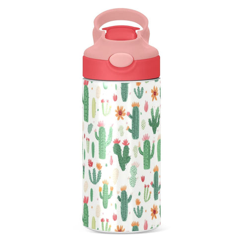 Wfrish 12 oz Colorful Cacti Flowers Kids Water Bottle with Straw Lid Insulated Stainless Steel Travel Tumbler BPA-Free