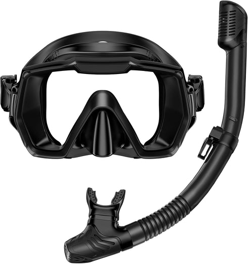 Snorkel Set for Adults, Anti-Leak and Anti-Fog Gear, Tempered Glass Lens, Dry Top Snorkel Kit with Carry Bag