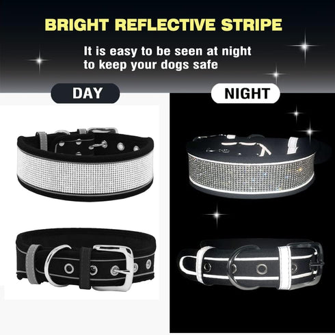 Bling Rhinestone Dog Collar, Soft Comfortable Stylish Collar with Bright Reflective Stripe, Adjustable Diamond Crystal