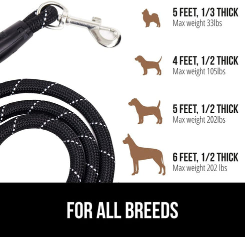 Gorilla Grip Heavy Duty Dog Leash, Strong Reflective Rope, Soft Handle for Night Walking, Black, Durable Puppy Training