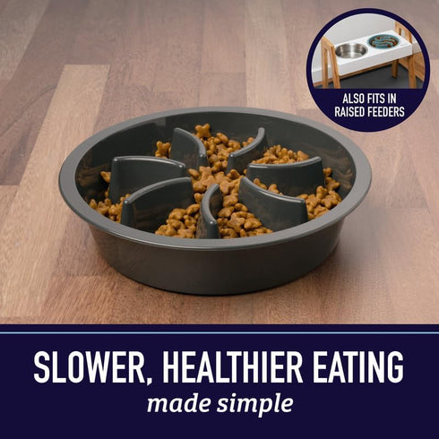 Leashboss Dog Bowl Slow Feeder, Maze Food Bowl Compatible with Raised Pet Feeders, 1.5 Cup, Blue