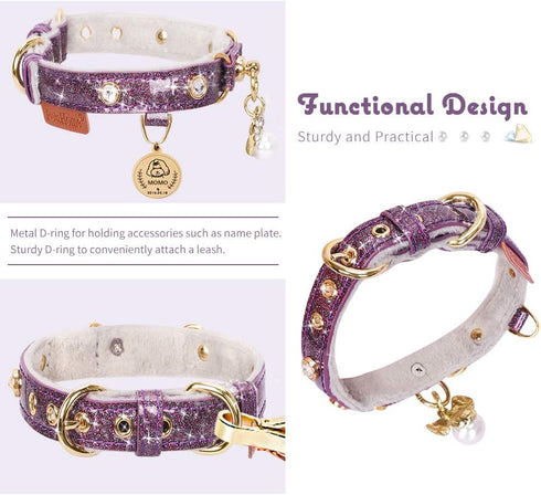 PetsHome Cat Collar, Dog Collar, Bling Rhinestones PU Leather Adjustable Pet Collar for Big Cat and Small Dog