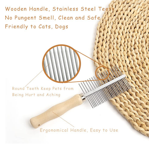 Dog Cat Pet Comb, Double-Sided Grooming Brush with Wooden Handle for Removing Mats, Debris, and Tangles.