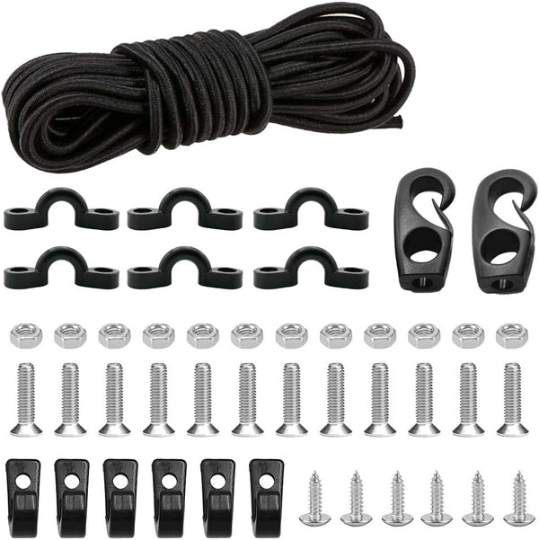 Kayak Deck Rigging Kit - 8 Feet Bungee Cord with Hooks, Tie Down Pad Eye, and 6 J-Hooks for Canoe Accessory