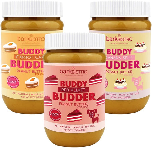 Carrot Cake + Red Velvet + Banana Split BUDDY BUDDER, 100% Natural Dog Peanut Butter, Healthy Treat, Made in USA (set