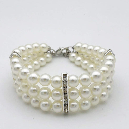 Fancy 3 Row Pearls Diamond Dog Necklace - Bling Rhinestones Jewelry for Small Dogs, Neck Size: 10"-12"