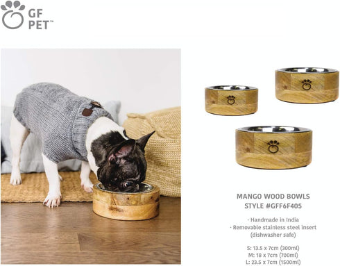 Brave Bark GF Pet Mango Wood Dog Bowl - Removable Stainless Steel Inserts, Stylish Design for Pets (SMALL)