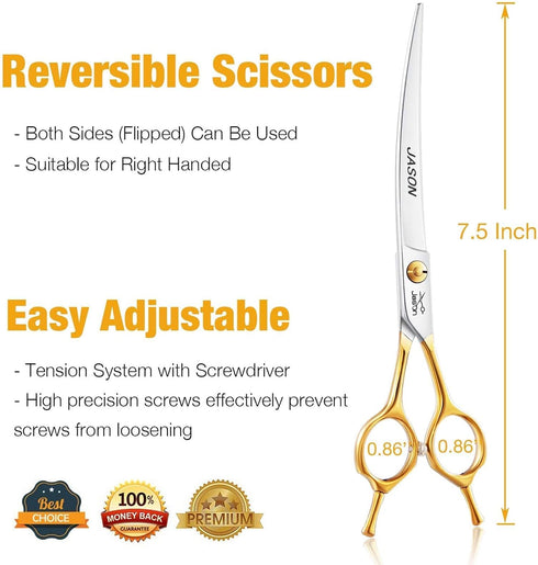 7.5" Trimming JASON Curved Dog Grooming Scissors, Cats Grooming Shears Pets Kit for Right Handed Groomers, Sharp