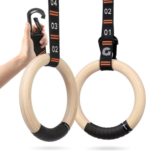 Gonex Wooden Gymnastic Rings with Adjustable Number Straps, Olympic Rings for Gym,