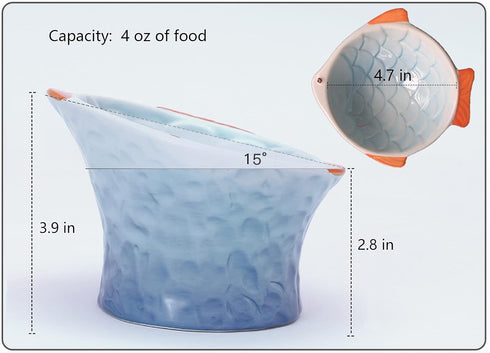 Raised Tilted Ceramic Cat Food Bowl - Cute Fish Shape Elevated Slanted Dish for Kitty Dry Wet Treats