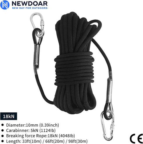 NewDoar Climbing Rope 8(5/16in), 10mm (3/8in), High Strength Accessory Cord with 2 Steel Hooks for Outdoor Rescue