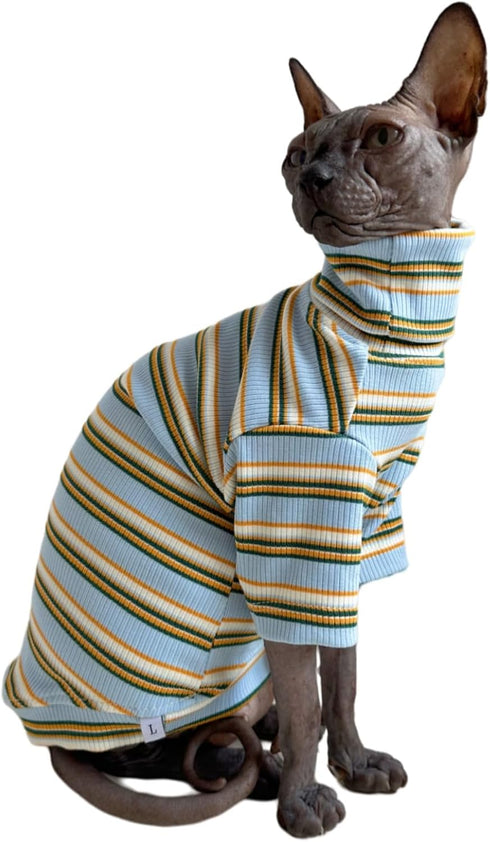 Turtle Neck Vintage Stripes T-Shirts for Sphynx Hairless Cat, Cotton Sleeveless Pet Clothes (Light Blue, S)