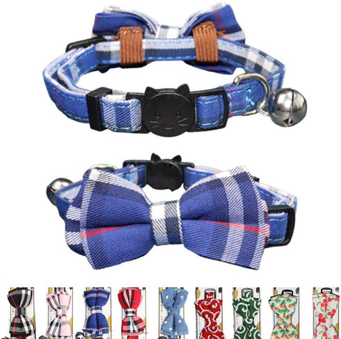 THAIN Cat Collar with Breakaway Safety Buckle, Bell and Bow Tie, Adjustable 7-11 inches, Blue Plaid Pattern for Kittens