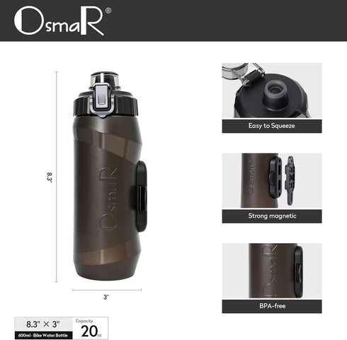 600ml 20oz, M5 Magnetic Cycling Water Bottle with Bike Mount / Quick Snap-Release, Cage-Free, One-Handed Access Screws