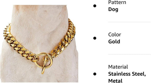 Chain Dog Collar: 18K Gold Cuban Link, Heavy Duty Slip Collar for Small Dogs (14", Fits Neck 10" to 12.5")