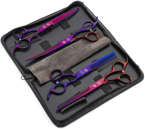 7.0" Set, 4-pieces Moontay Professional Dog Grooming Scissors Straight, Upward Curved, Downward Curved