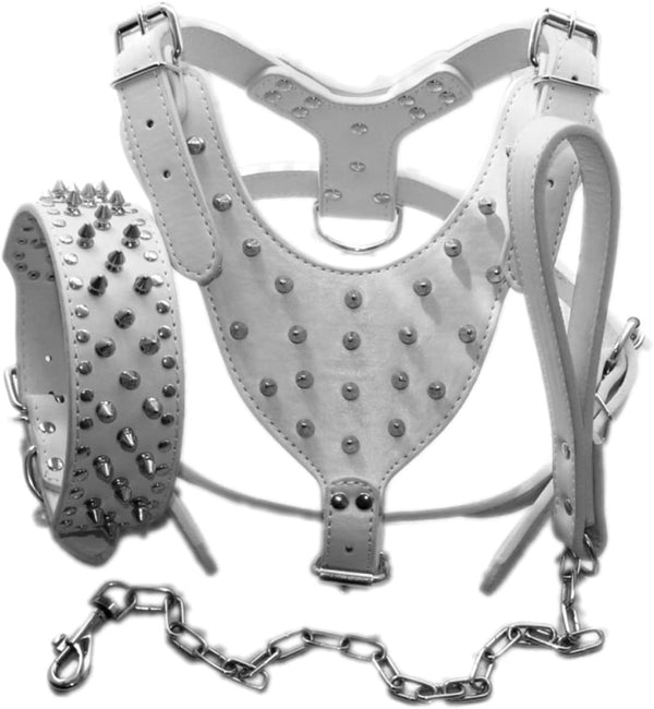Leather Spiked Studded Dog Collars, Harnesses & Chain Leashes - 3Pcs Matching Set for Pit Bull, Mastiff, Boxer