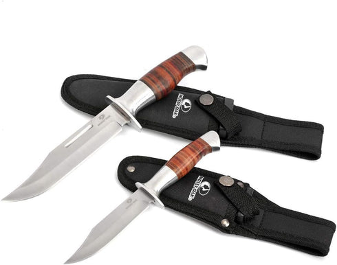 Mossy Oak Fixed Blade Bowie Knife, 2-Piece Hunting Knife with Leather Handle and Laser Pattern Sheath Included