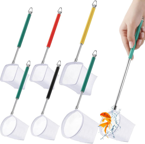6 Pcs Aquarium Fish Net with Extendable Stainless Steel Handle, Adjustable Handle for Fish Tank, Circle and Square
