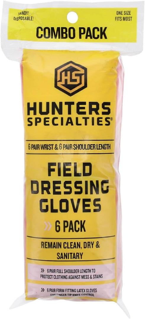 Hunters Specialties Field Dressing Gloves Combo Pack - 6 Pairs Short Latex Gloves & 6 Pairs Shoulder-Length Poly Gloves