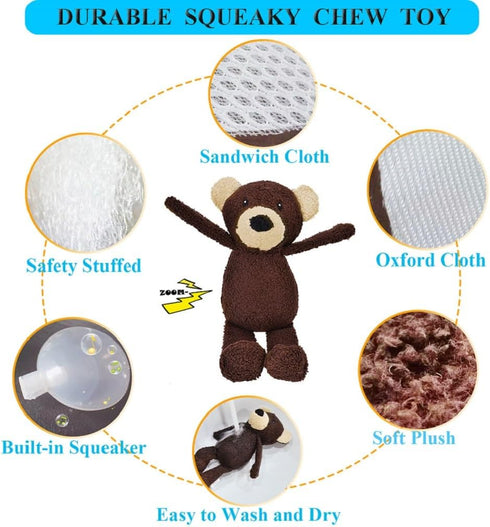 Squeaky Dog Toys, 3-Layered Durable Stuffed Dog Toys for Aggressive Chewers Small Medium Breed, Cute Plush Puppy Teething Chew Toys (Bear-M)