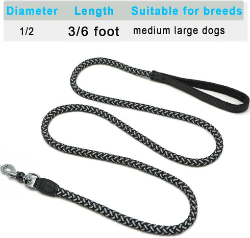 2/3/4/6/10 Foot Reflective Dog Leash - Strong Nylon Braided Heavy Duty Dog Training Leash for Large Medium Small Dogs