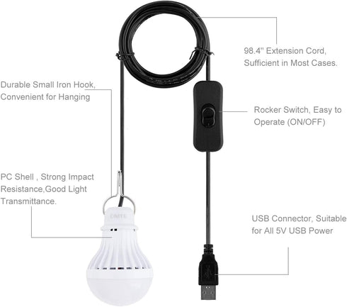 Onite USB LED Light Bulb - 5W Warm White - Outdoor Lantern with Hook & 8.4ft Cord