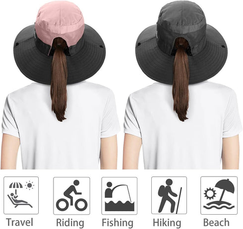 IYEBRAO 2 Pack Women's Ponytail Sun Hat, UV Protection Foldable Wide Brim Beach Cap