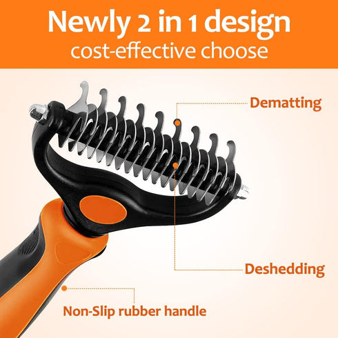 Undercoat Rake for Dogs, 2 in 1 Dematting Comb & DeShedding Tool for Long Hair Cats, Reduces Shedding
