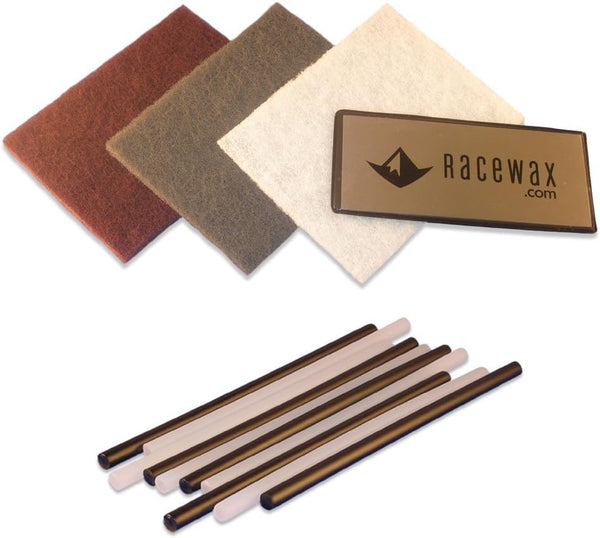 RaceWax Ski P-tex Base Repair Kit: 10 ptex, 3 3M Buffing Pads, Metal Scraper