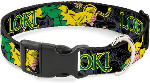 Dog Collar Plastic Clip Loki In Action, Black Gray Yellow Green, 11 to 17 Inches, 1.0 Inch Wide