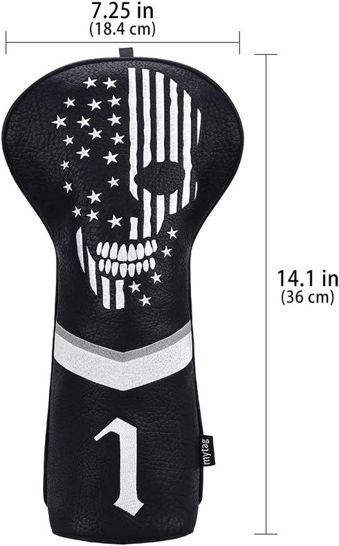 mytag Golf Skull Skeleton Head Cover, Black Leather Golf Club Headcovers Set for Driver, Fairway Wood