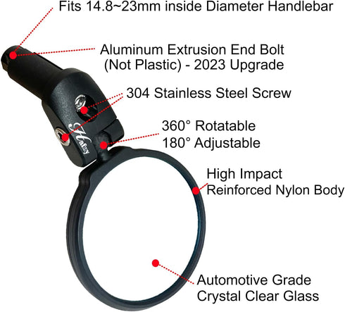 Hafny HD Bar End Bike Mirror - Blast-Resistant Glass Mirror, Silver Glass, 68mm