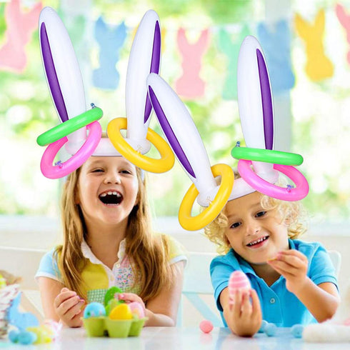 2 Set (2 12 1 1 Hoshin Inflatable Bunny Ears Ring Toss Game Rabbit-Ear Hats with Ring Toss, Medal and Hand-held Pump)