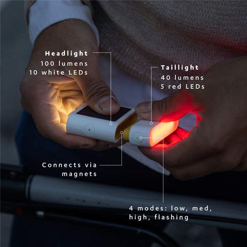 MPOWERD Luci Solar Bike Light Set, Headlight 100 Lumens, Taillight 40 Lumens, Rechargeable Solar or USB