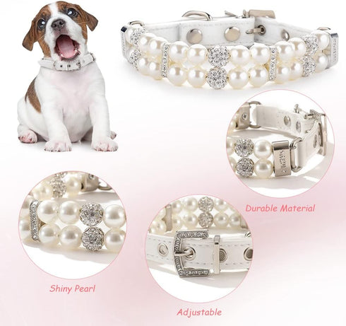 Dog Cat Pearl Collars - Adjustable Crystal Rhinestone PU Leather Necklace, Medium Size, White Pearl Pet Collar