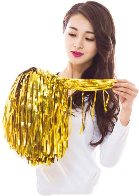 XIPEGPA 12 PCS Cheerleading Poms, Metallic Foil Plastic Pom with Baton Handle for Dance Party Decoration