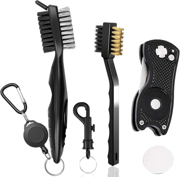 Golf Accessories Set: Metal Divot Repair Tool with Ball Marker, Club Groove Cleaner Brush (3 in 1 Pack)