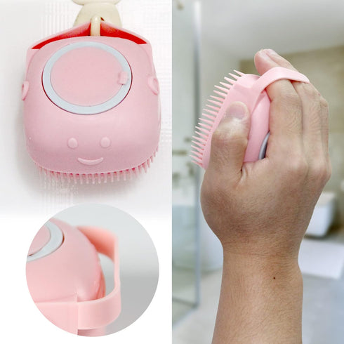 Pet Bath Brush, Soft Silicone Dog Bathing Brush with Shampoo Dispenser for Cats and Dogs (Pink)