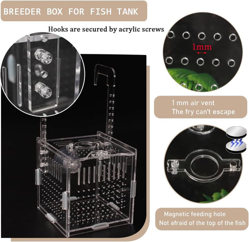 Acrylic Fish Breeding Box, 4x4x4 Inch with Suction Cups, Aquarium Hatchery Incubator for Baby Fishes