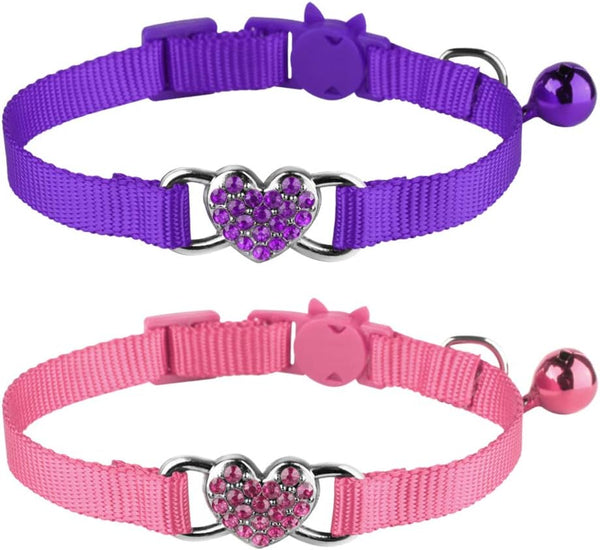 2 Pcs Adjustable Cat Collars with Heart Bling Breakaway and Bell (Pink+Purple) for Kitty