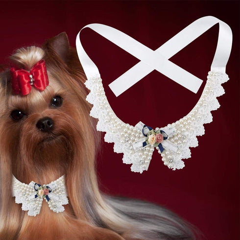 Pet Pearl Necklace, Teddy Adjustable Bow Tie with Pearl, Dogs Neck Collar for Wedding Party